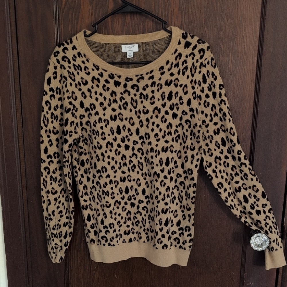 J.Crew Teddie Cheetah Print Cotton Crewneck Sweater Size Small